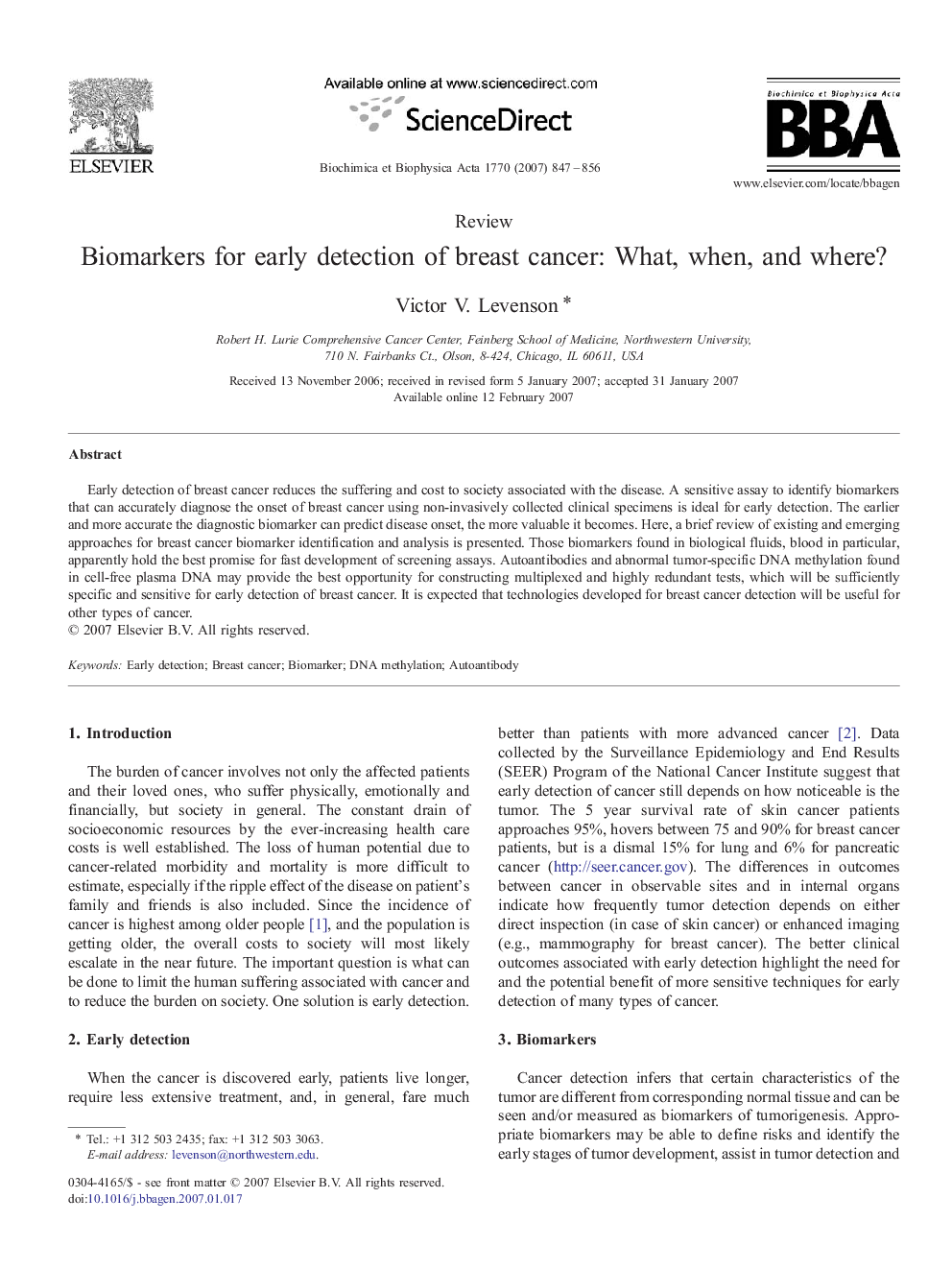 Biomarkers for early detection of breast cancer: What, when, and where?