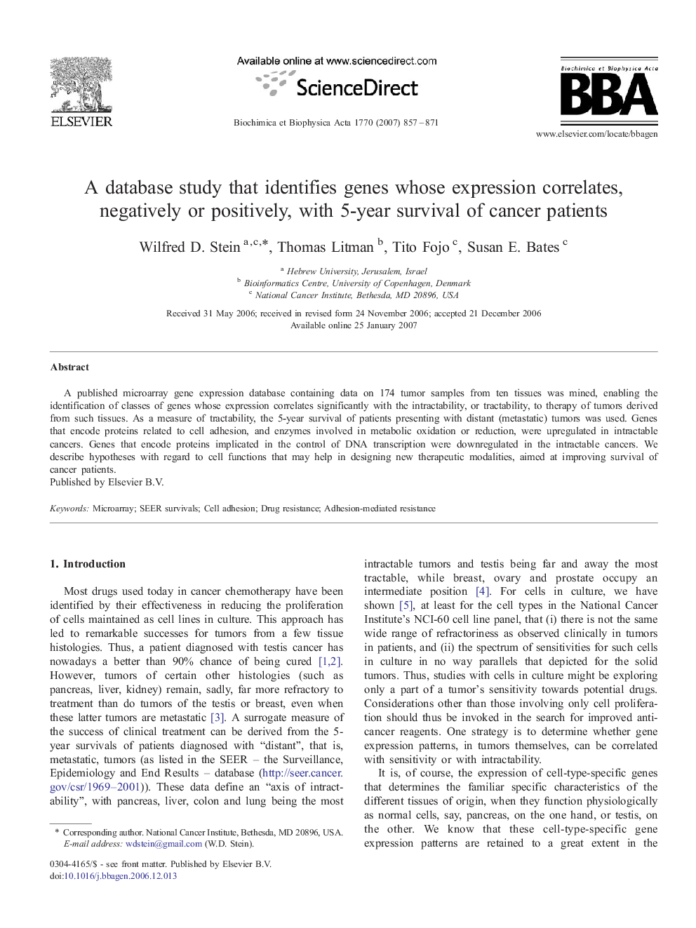 A database study that identifies genes whose expression correlates, negatively or positively, with 5-year survival of cancer patients