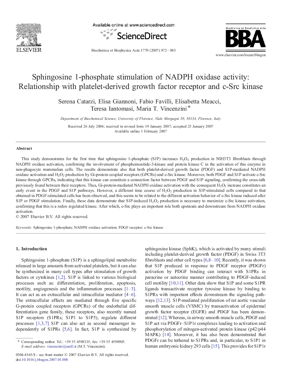 Sphingosine 1-phosphate stimulation of NADPH oxidase activity: Relationship with platelet-derived growth factor receptor and c-Src kinase