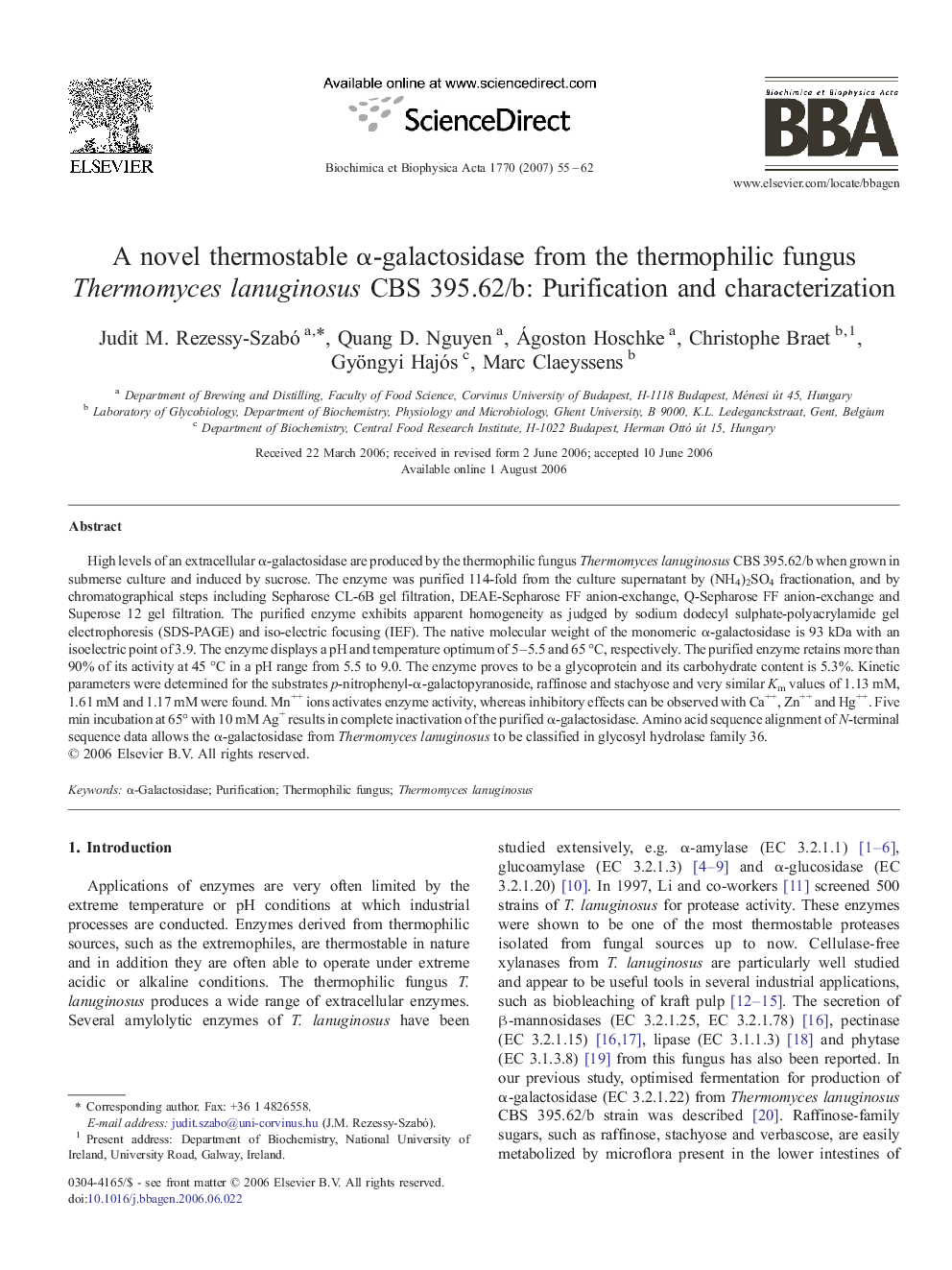 A novel thermostable α-galactosidase from the thermophilic fungus Thermomyces lanuginosus CBS 395.62/b: Purification and characterization