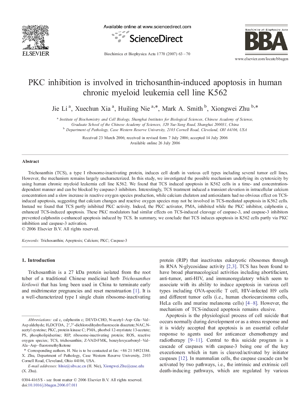 PKC inhibition is involved in trichosanthin-induced apoptosis in human chronic myeloid leukemia cell line K562