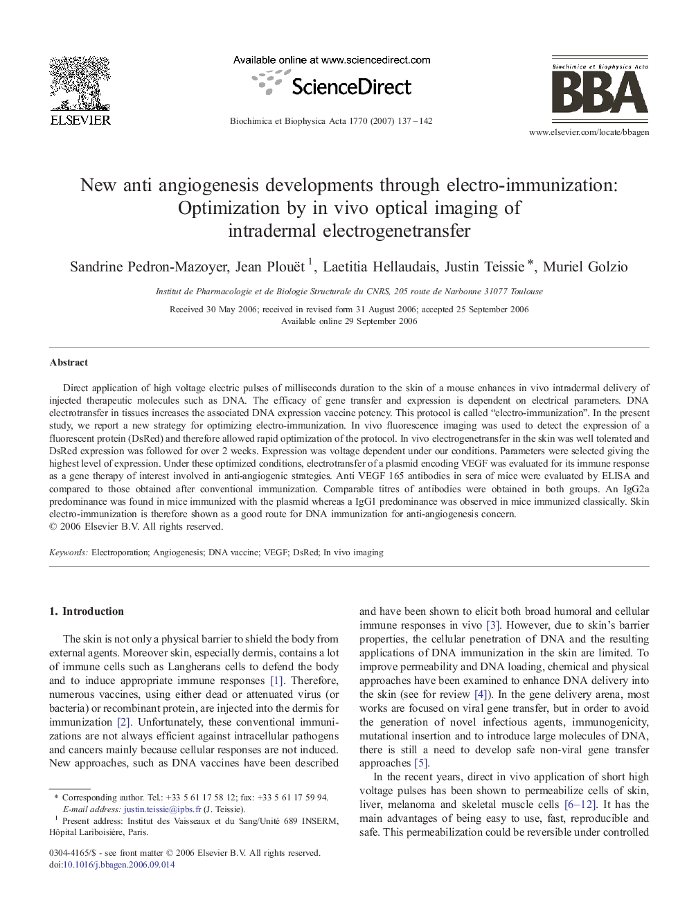 New anti angiogenesis developments through electro-immunization: Optimization by in vivo optical imaging of intradermal electrogenetransfer