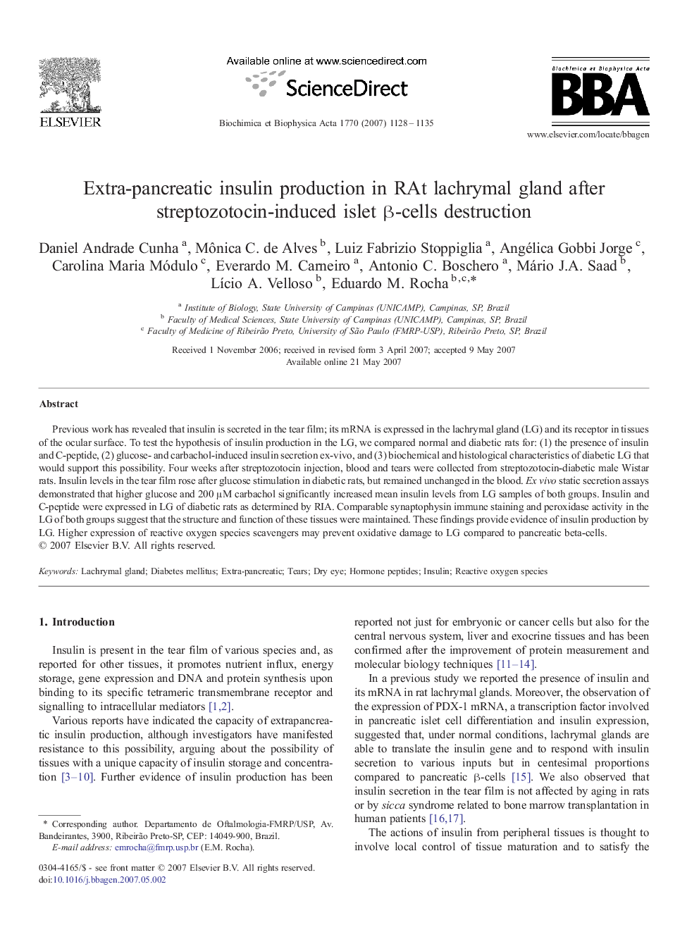 Extra-pancreatic insulin production in RAt lachrymal gland after streptozotocin-induced islet β-cells destruction