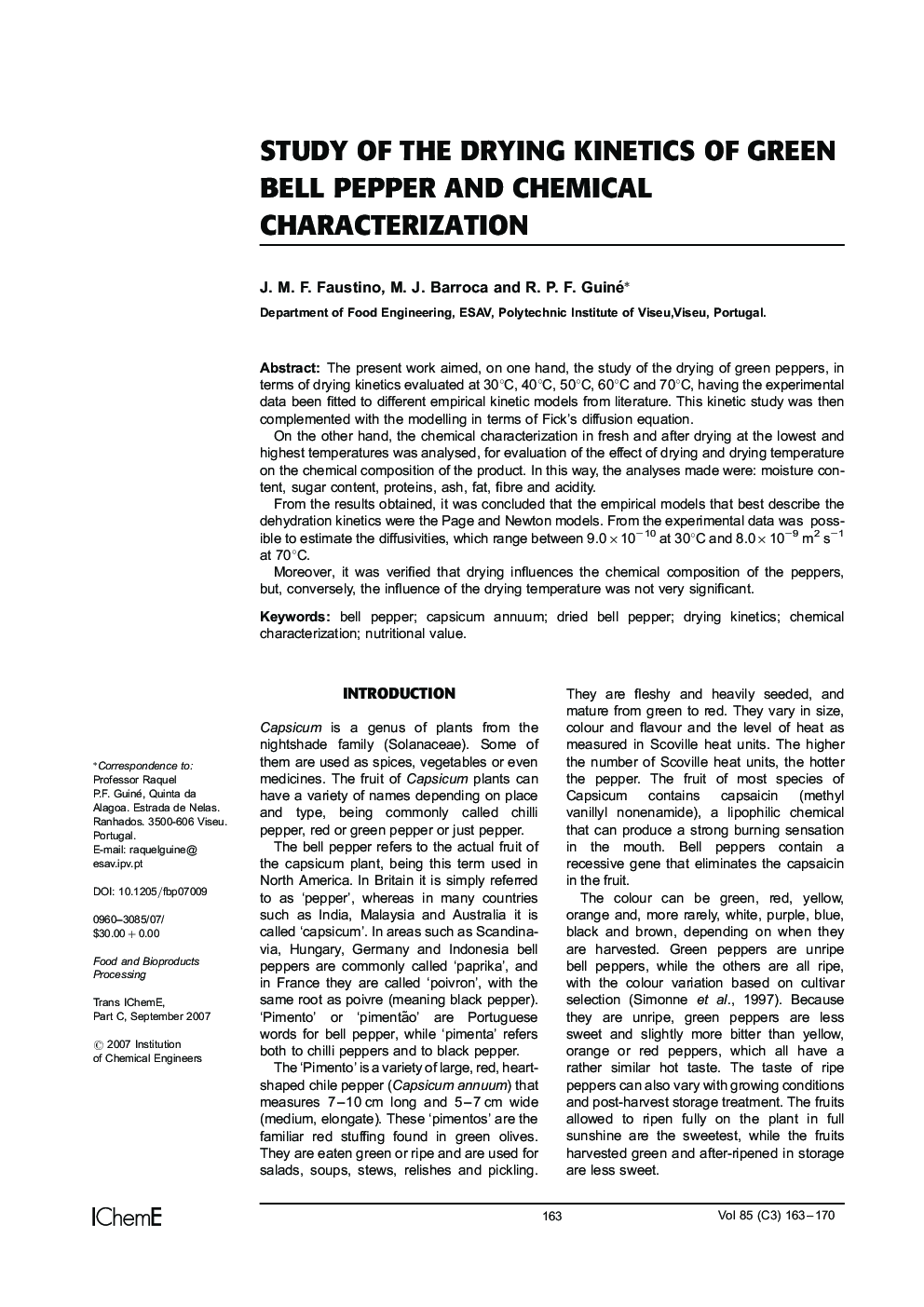 Study of the Drying Kinetics of Green Bell Pepper and Chemical Characterization