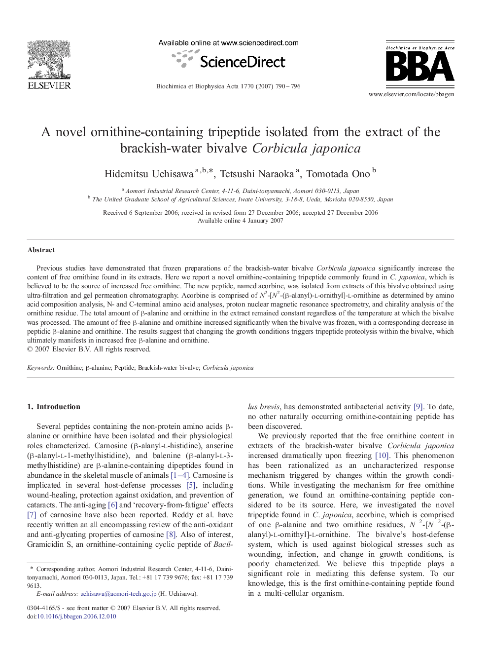 A novel ornithine-containing tripeptide isolated from the extract of the brackish-water bivalve Corbicula japonica