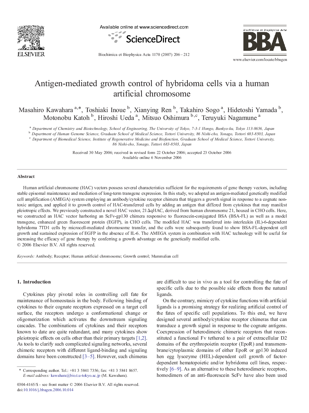 Antigen-mediated growth control of hybridoma cells via a human artificial chromosome