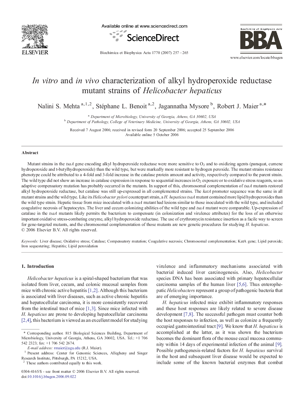 In vitro and in vivo characterization of alkyl hydroperoxide reductase mutant strains of Helicobacter hepaticus