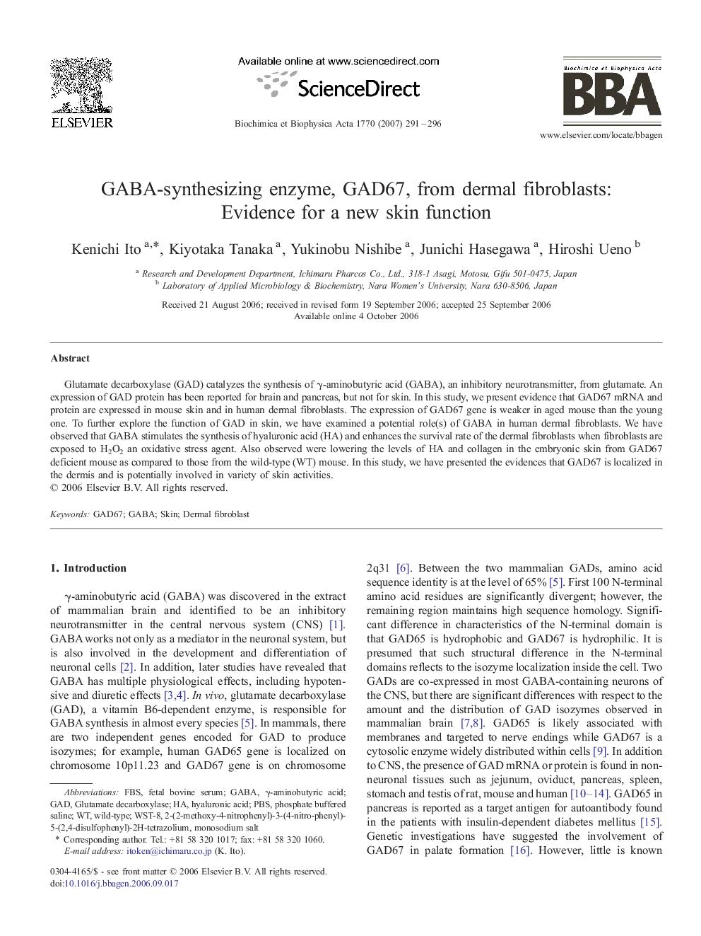 GABA-synthesizing enzyme, GAD67, from dermal fibroblasts: Evidence for a new skin function