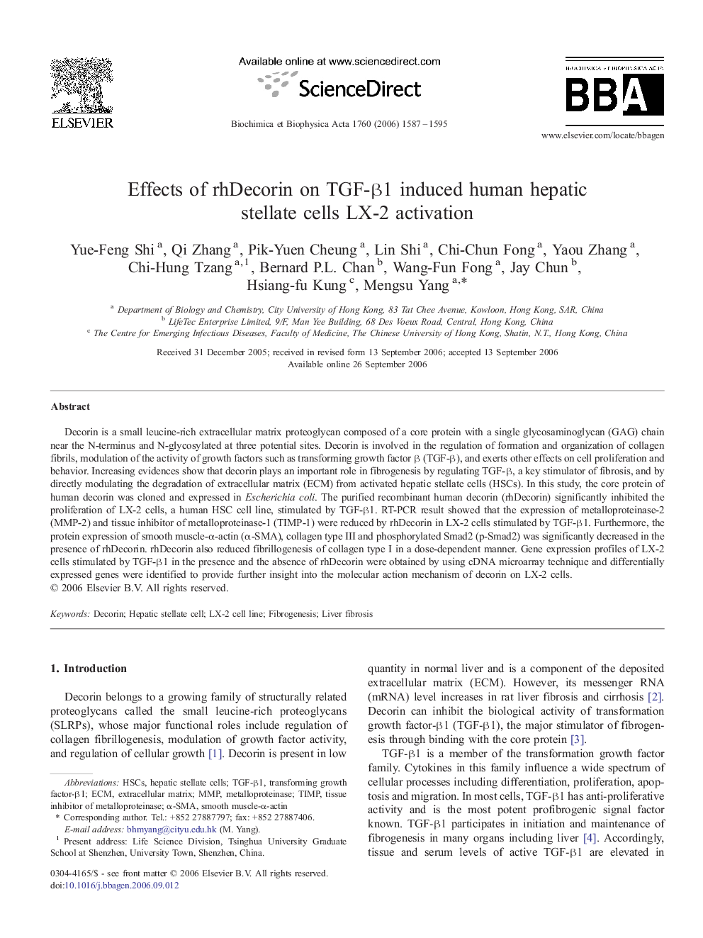 Effects of rhDecorin on TGF-β1 induced human hepatic stellate cells LX-2 activation