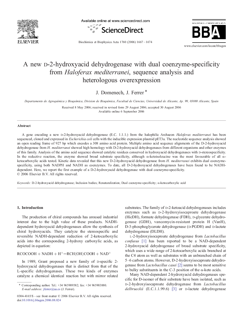 A new d-2-hydroxyacid dehydrogenase with dual coenzyme-specificity from Haloferax mediterranei, sequence analysis and heterologous overexpression