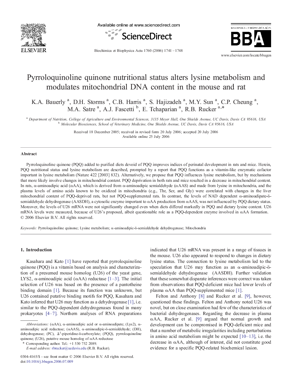 Pyrroloquinoline quinone nutritional status alters lysine metabolism and modulates mitochondrial DNA content in the mouse and rat