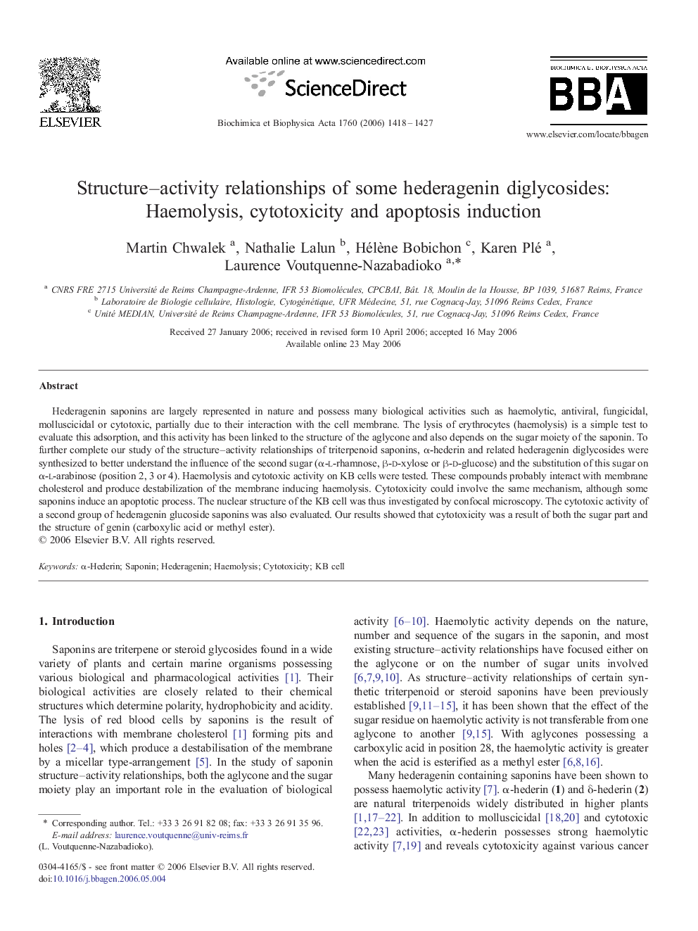 Structure–activity relationships of some hederagenin diglycosides: Haemolysis, cytotoxicity and apoptosis induction