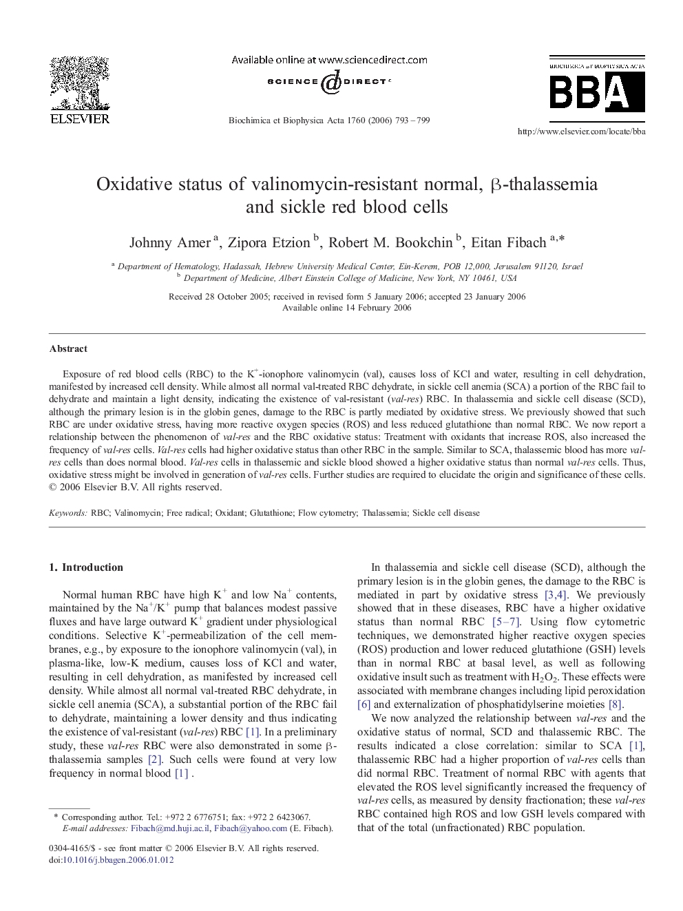 Oxidative status of valinomycin-resistant normal, β-thalassemia and sickle red blood cells