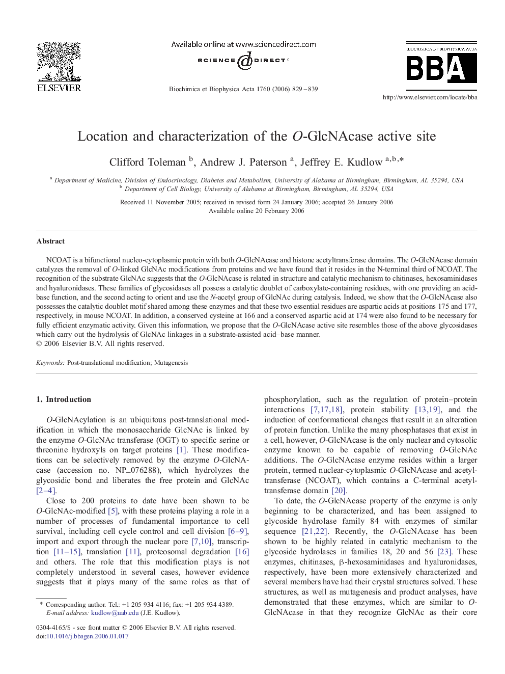 Location and characterization of the O-GlcNAcase active site