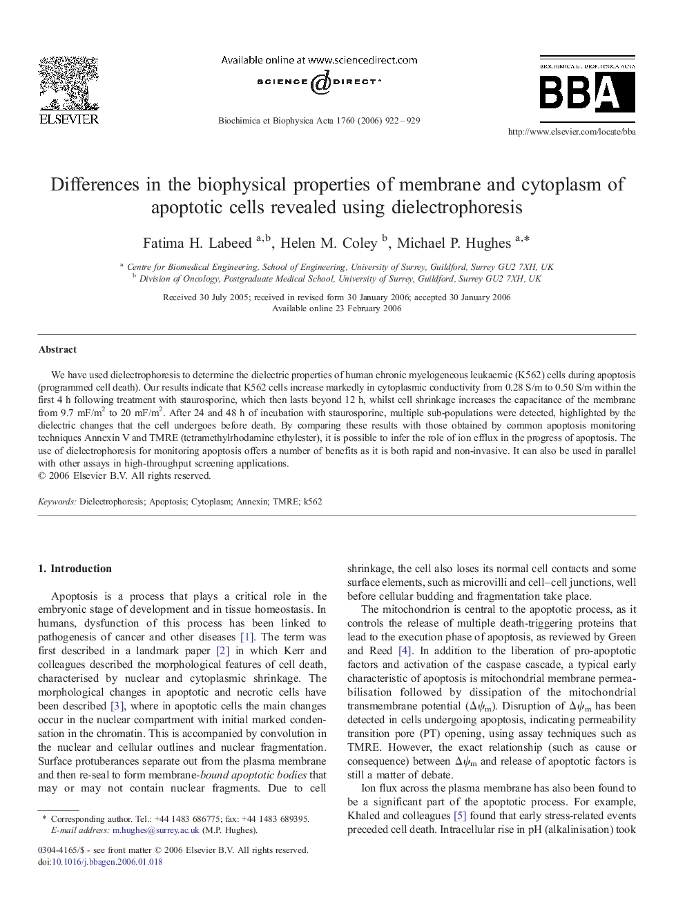 Differences in the biophysical properties of membrane and cytoplasm of apoptotic cells revealed using dielectrophoresis