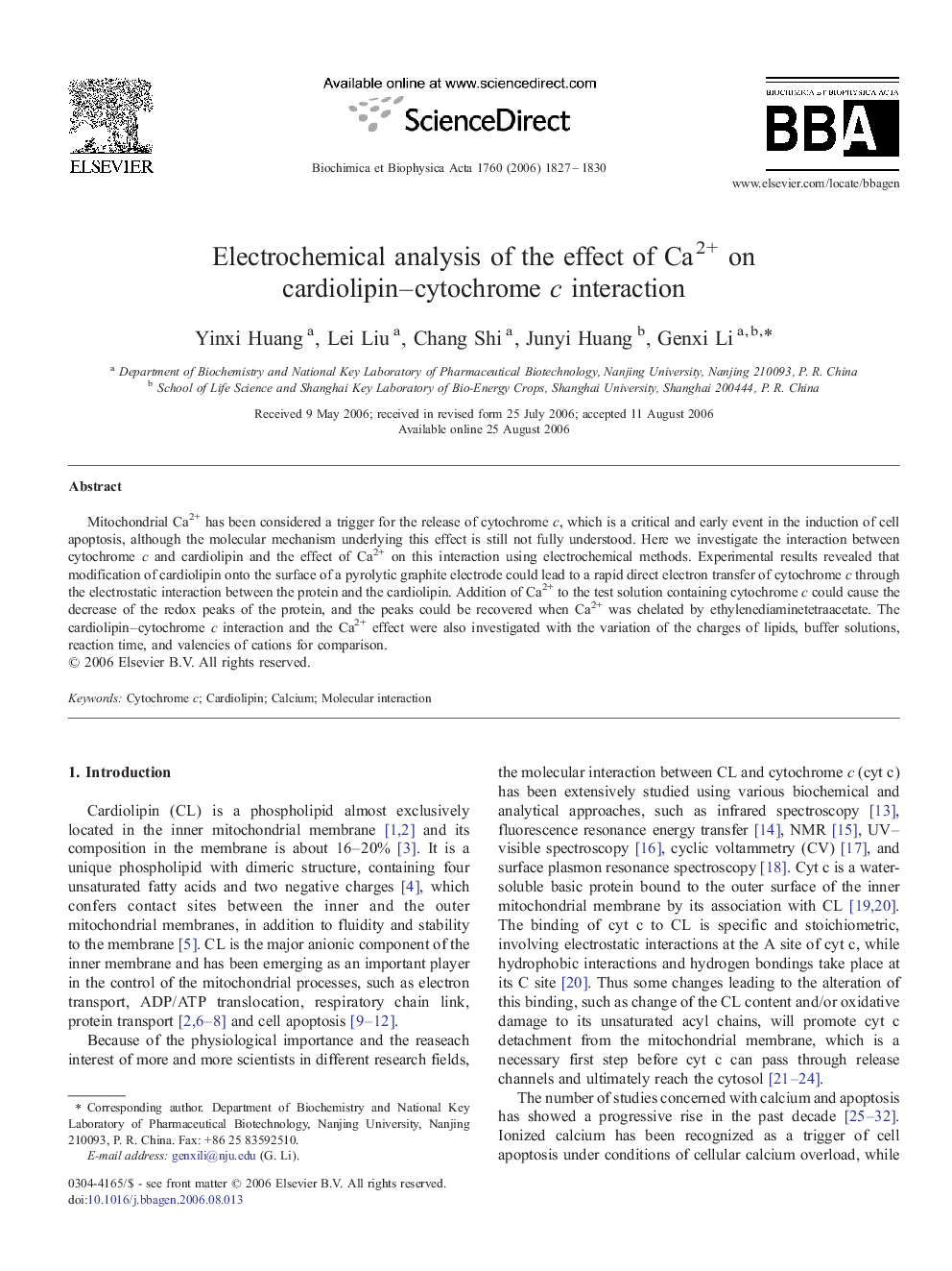 Electrochemical analysis of the effect of Ca2+ on cardiolipin–cytochrome c interaction