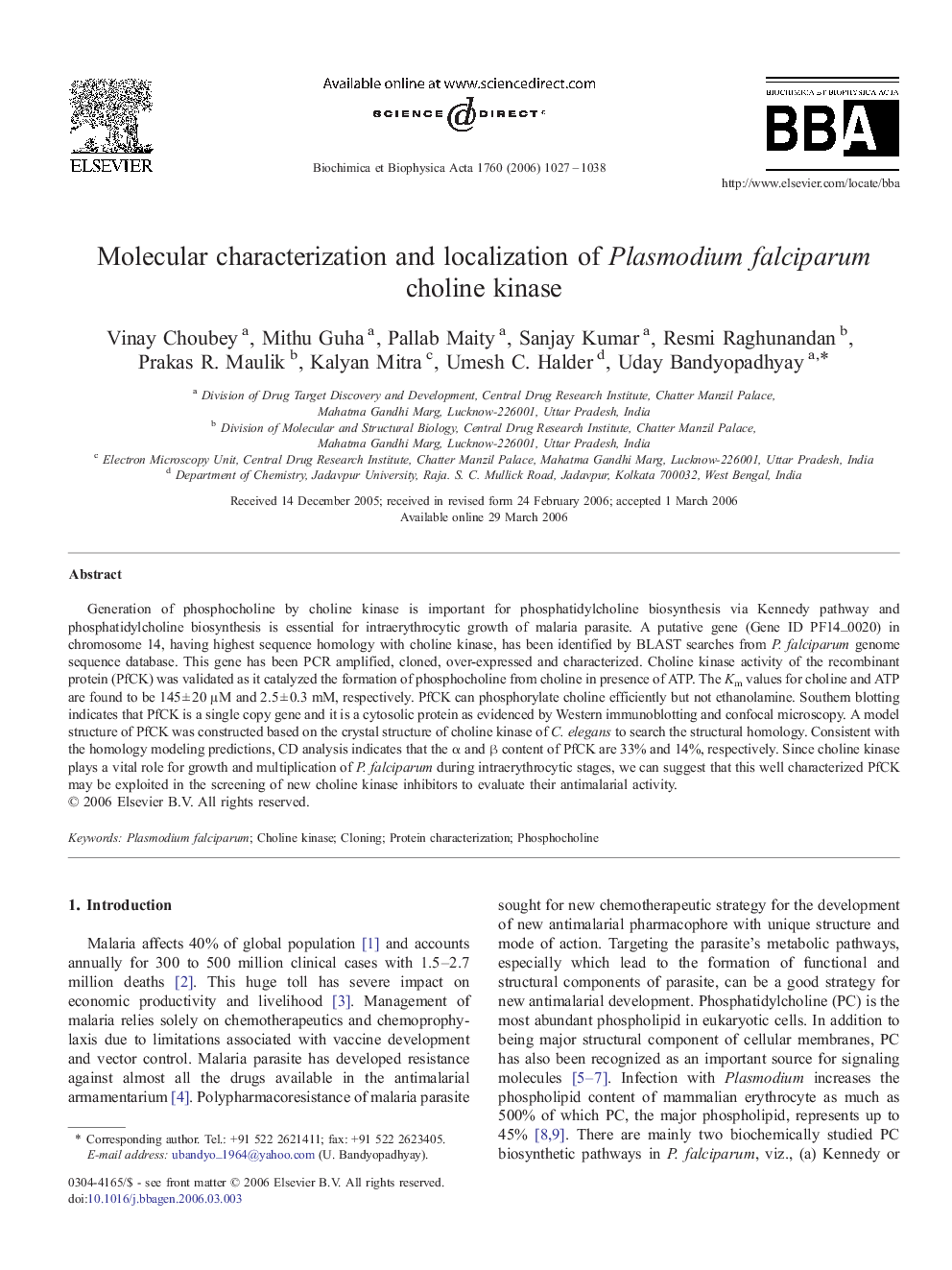 Molecular characterization and localization of Plasmodium falciparum choline kinase