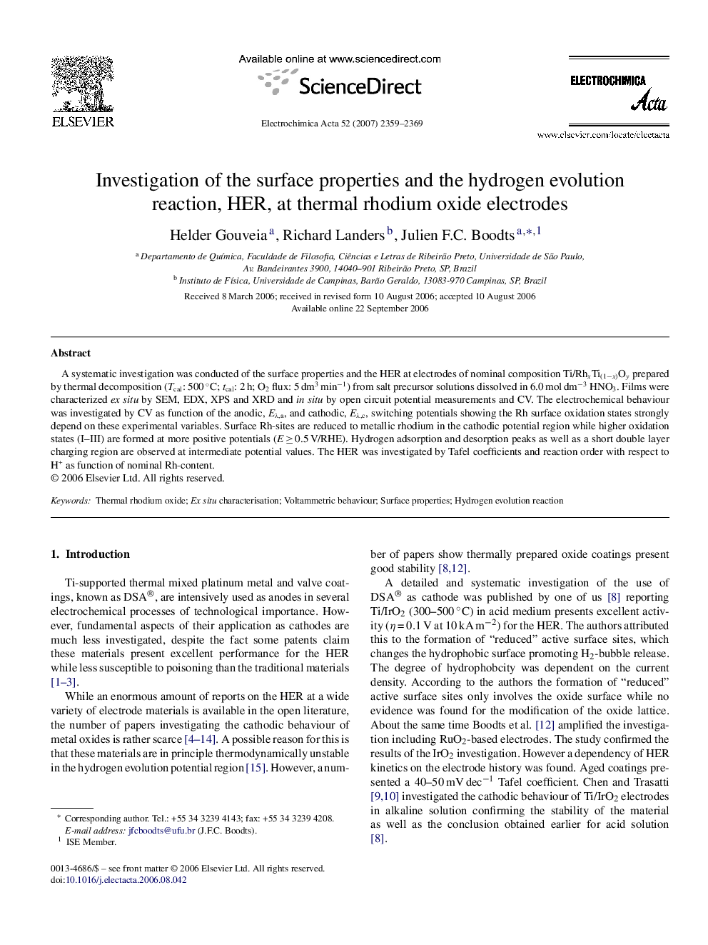 عکس صفحه اول مقاله: Investigation of the surface properties and the hydrogen evolution reaction, HER, at thermal rhodium oxide electrodes Investigation of the surface properties and the hydrogen evolution reaction, HER, at thermal rhodium oxide electrodes