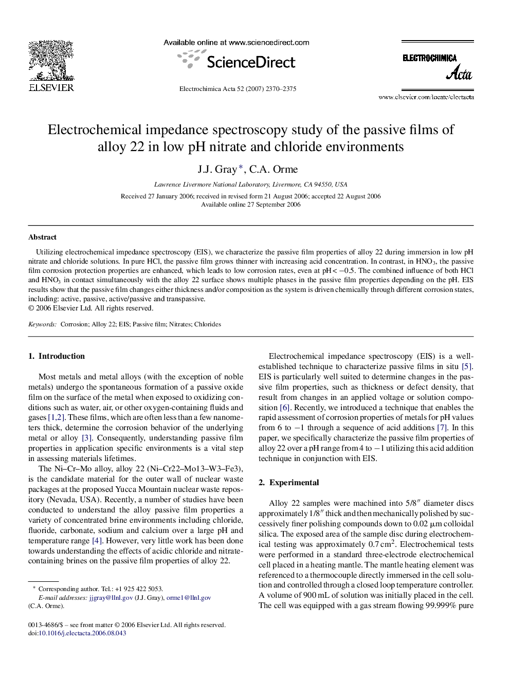 Electrochemical impedance spectroscopy study of the passive films of alloy 22 in low pH nitrate and chloride environments