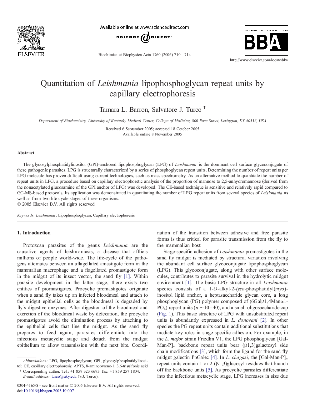 Quantitation of Leishmania lipophosphoglycan repeat units by capillary electrophoresis