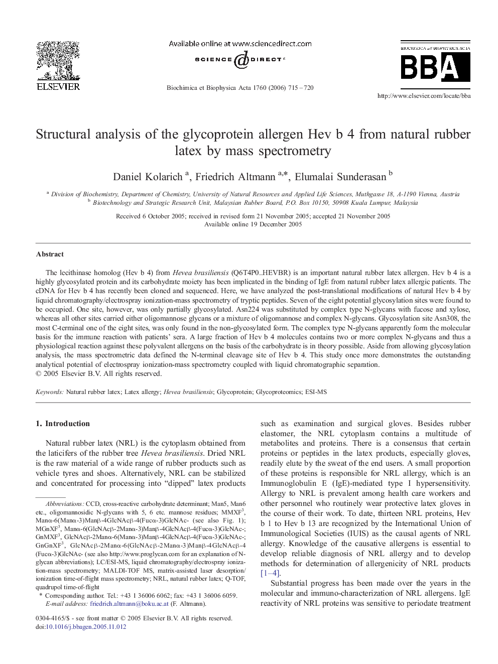 Structural analysis of the glycoprotein allergen Hev b 4 from natural rubber latex by mass spectrometry