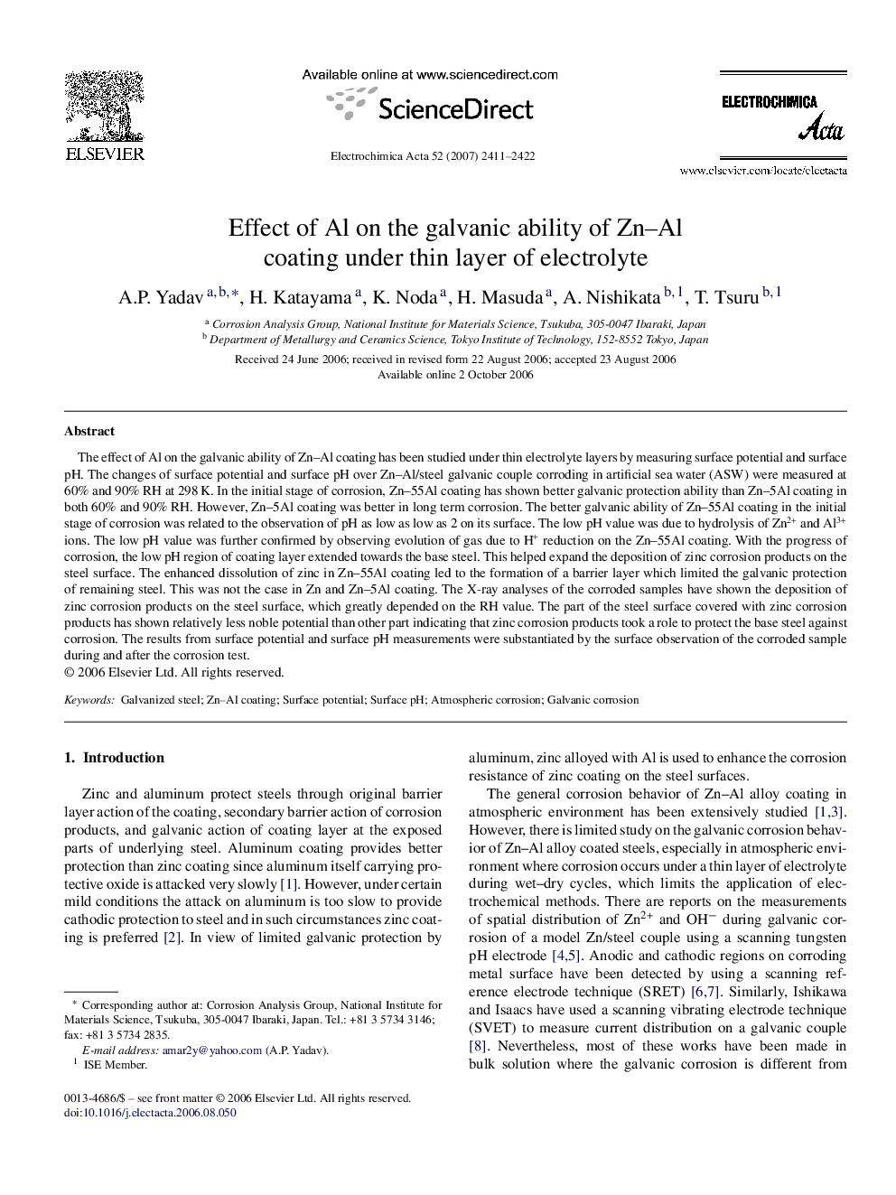 Effect of Al on the galvanic ability of Zn–Al coating under thin layer of electrolyte