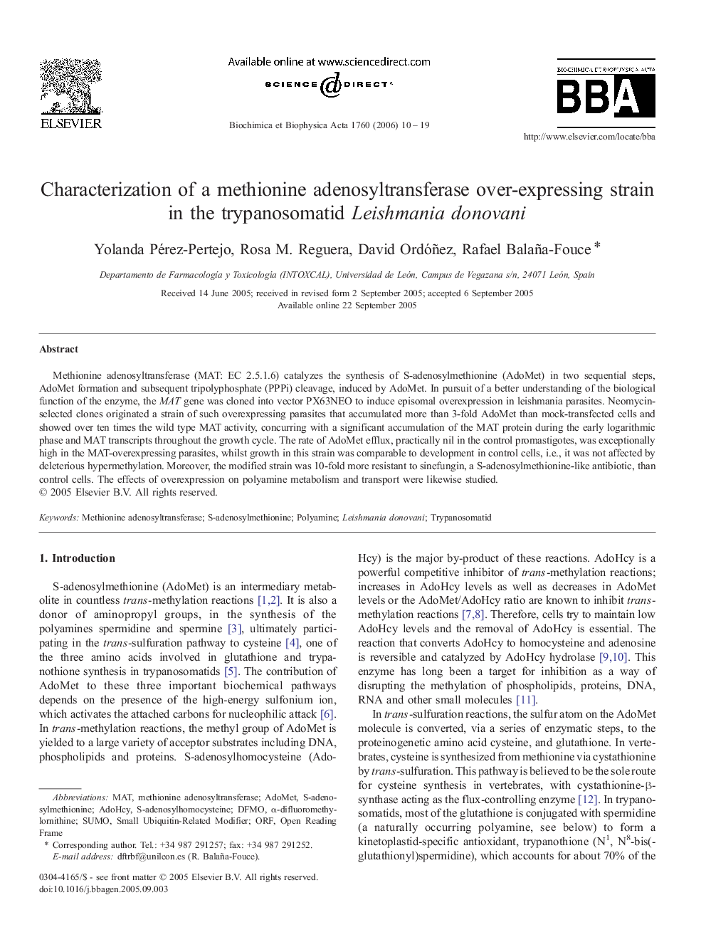 Characterization of a methionine adenosyltransferase over-expressing strain in the trypanosomatid Leishmania donovani