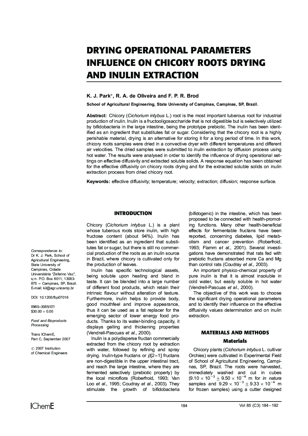 Drying Operational Parameters Influence on Chicory Roots Drying and Inulin Extraction