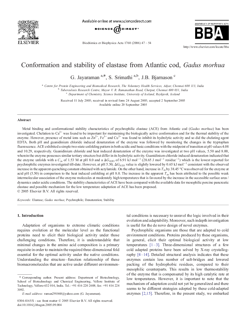 Conformation and stability of elastase from Atlantic cod, Gadus morhua