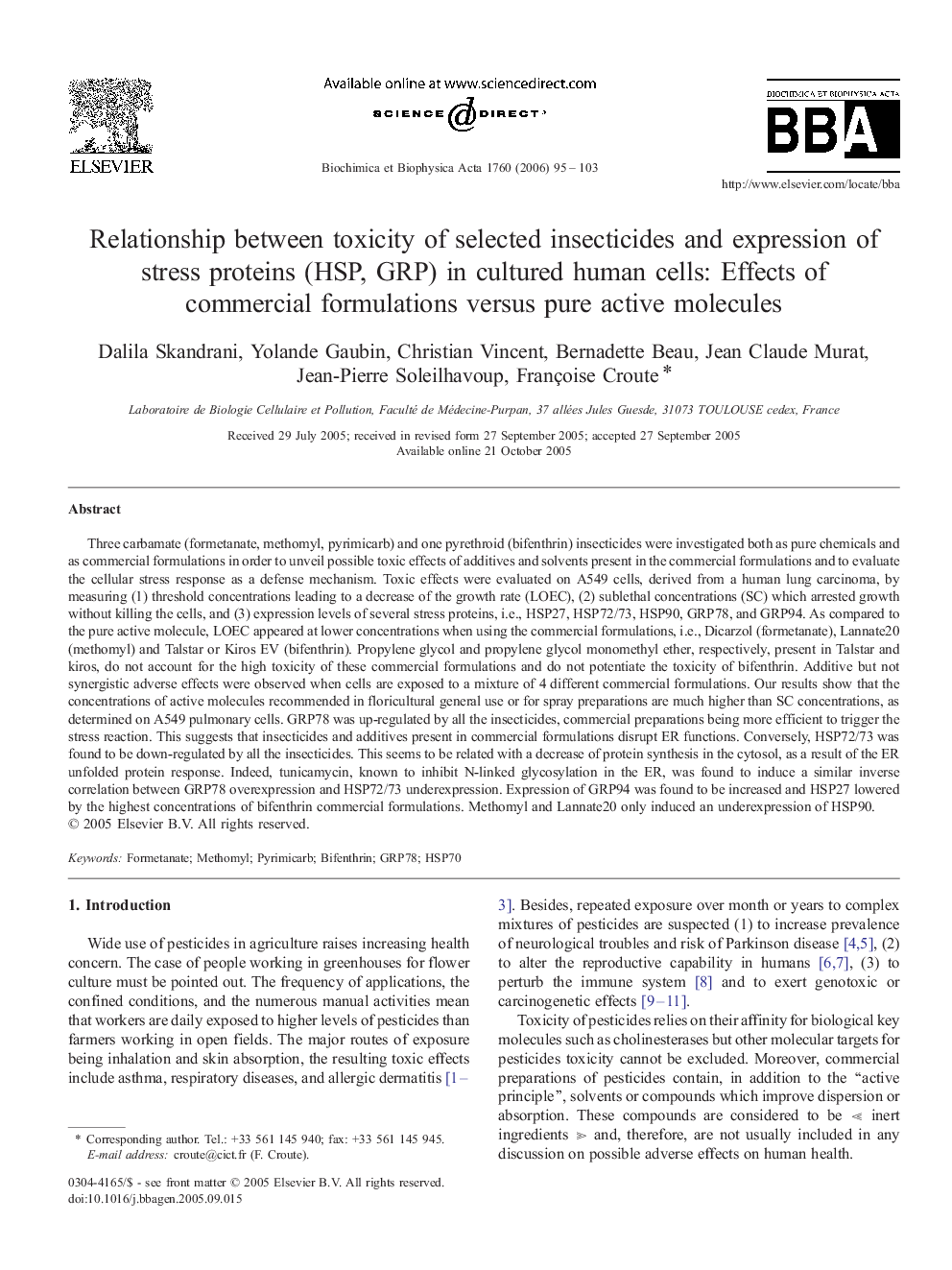 Relationship between toxicity of selected insecticides and expression of stress proteins (HSP, GRP) in cultured human cells: Effects of commercial formulations versus pure active molecules