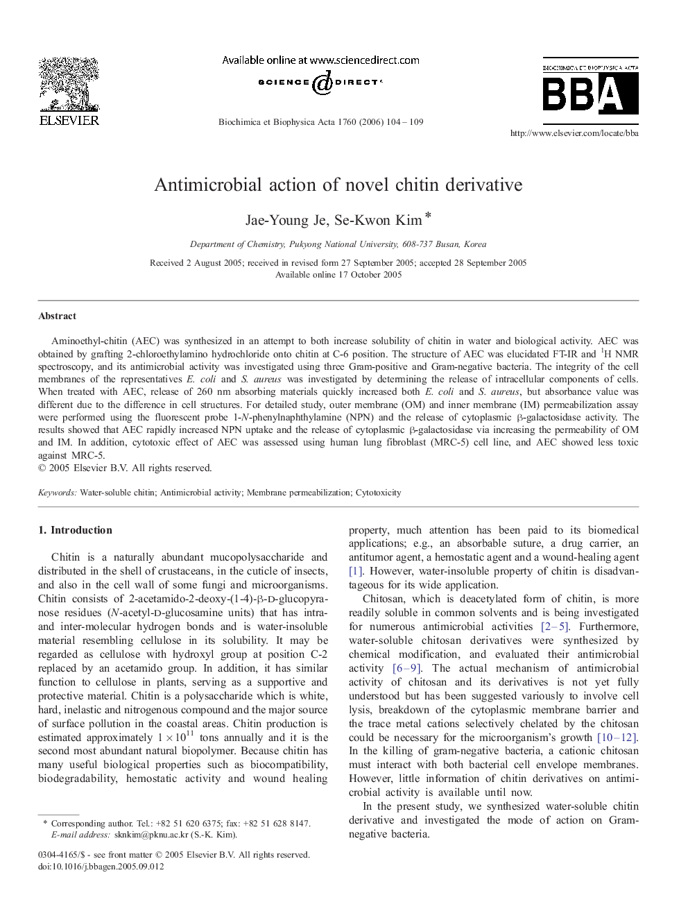 Antimicrobial action of novel chitin derivative