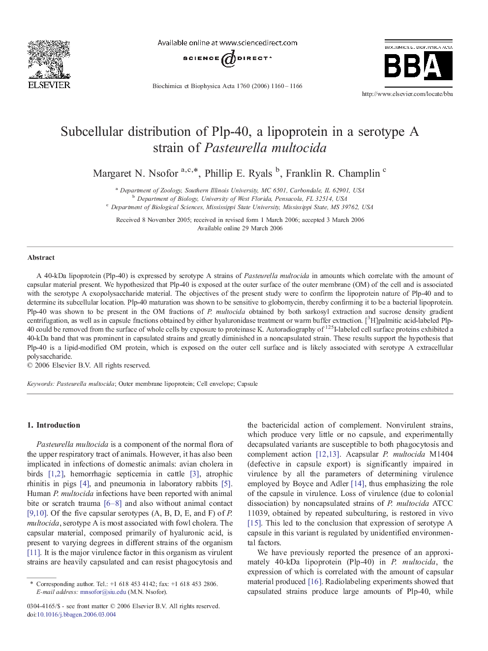 Subcellular distribution of Plp-40, a lipoprotein in a serotype A strain of Pasteurella multocida