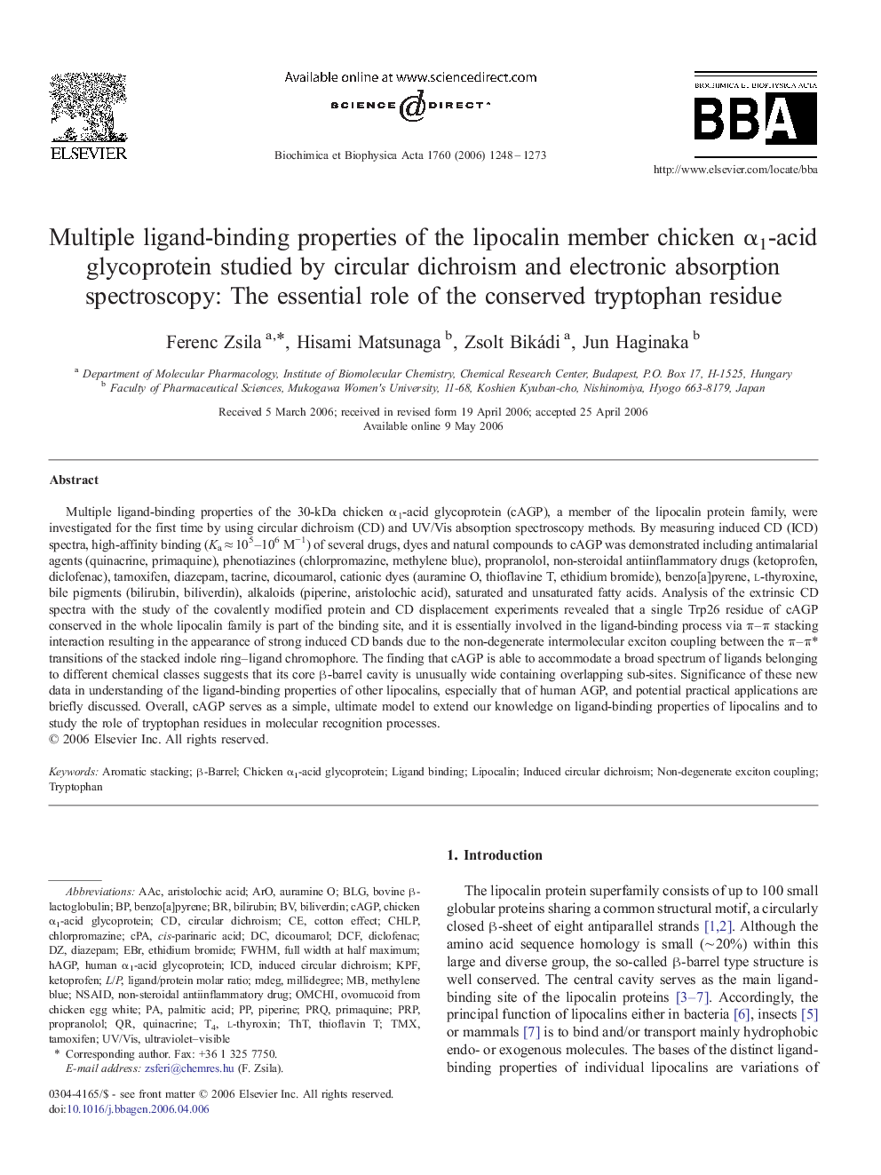 Multiple ligand-binding properties of the lipocalin member chicken α1-acid glycoprotein studied by circular dichroism and electronic absorption spectroscopy: The essential role of the conserved tryptophan residue