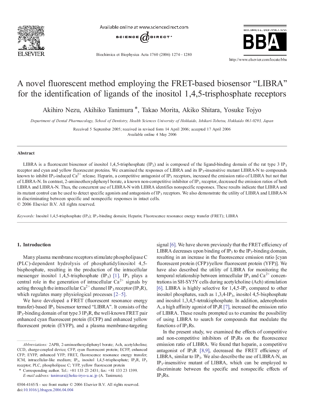 A novel fluorescent method employing the FRET-based biosensor “LIBRA” for the identification of ligands of the inositol 1,4,5-trisphosphate receptors