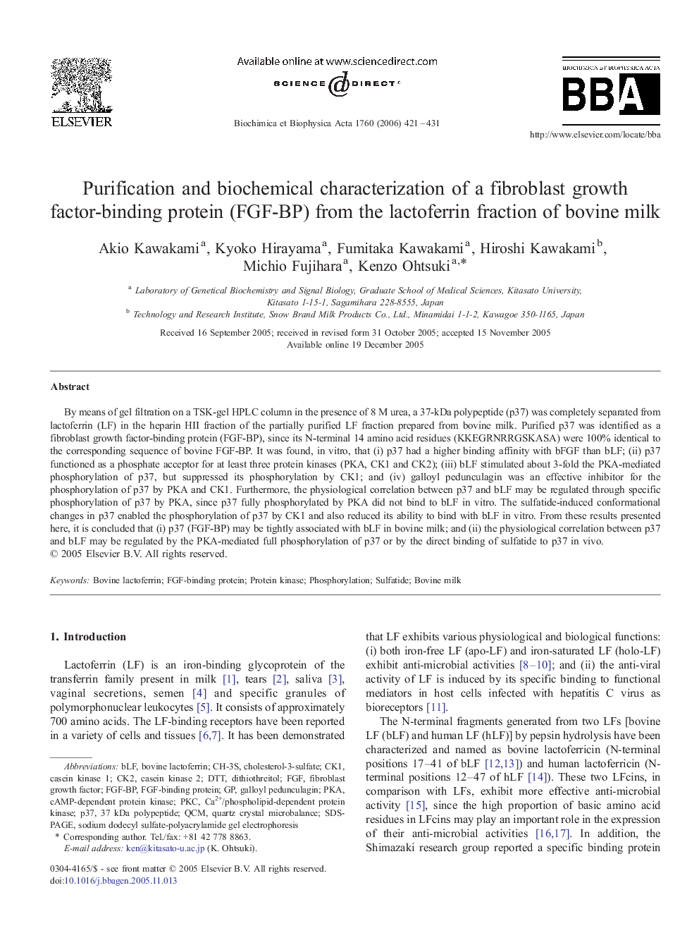 Purification and biochemical characterization of a fibroblast growth factor-binding protein (FGF-BP) from the lactoferrin fraction of bovine milk