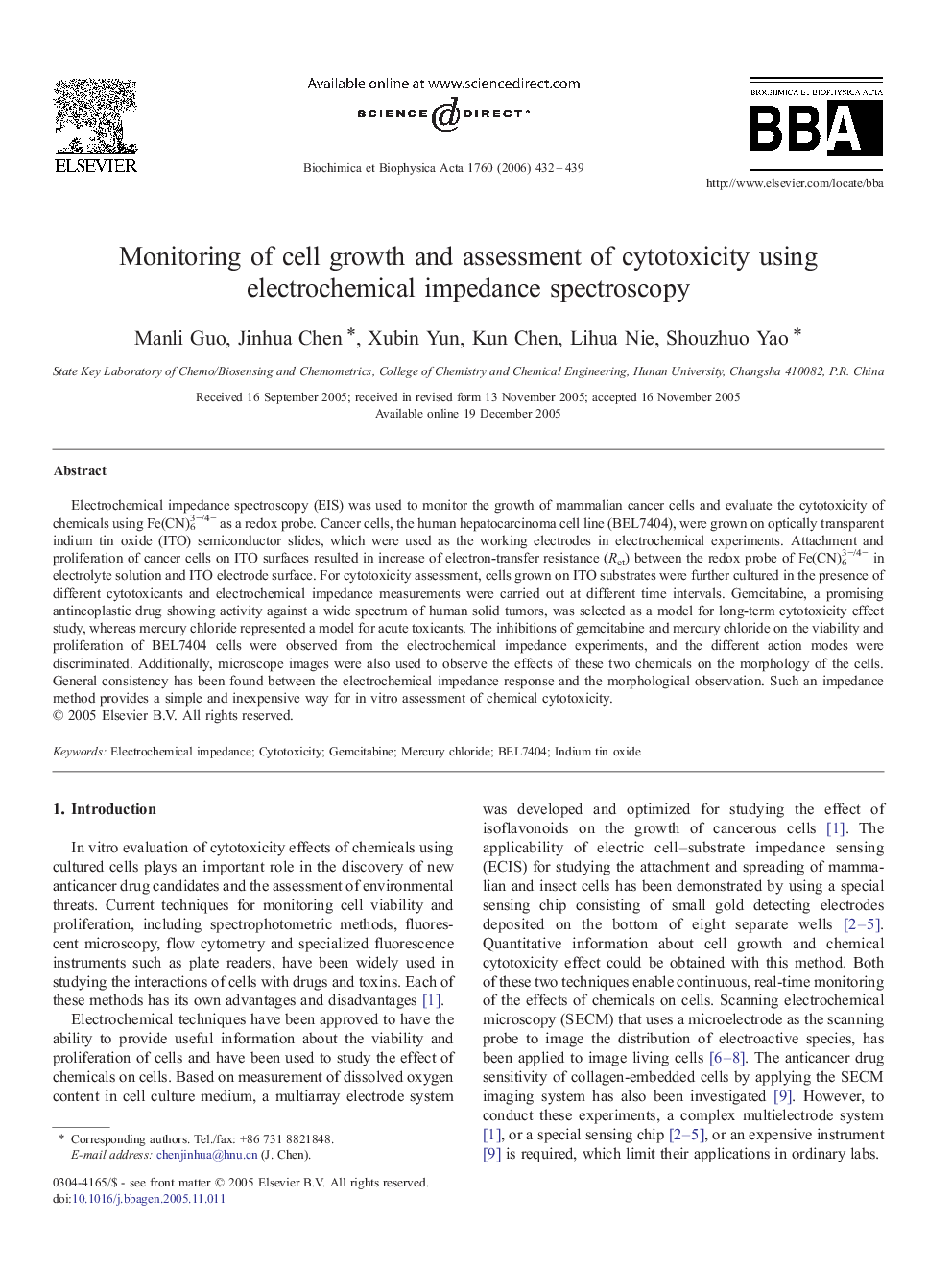 Monitoring of cell growth and assessment of cytotoxicity using electrochemical impedance spectroscopy