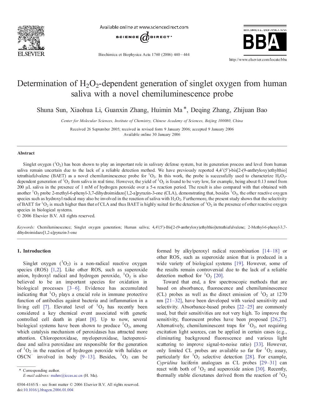 Determination of H2O2-dependent generation of singlet oxygen from human saliva with a novel chemiluminescence probe