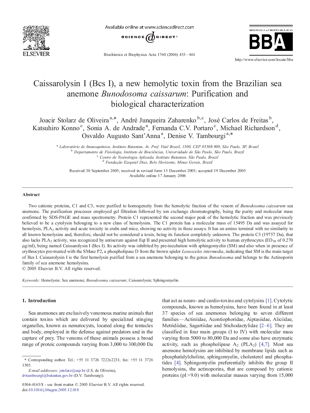 Caissarolysin I (Bcs I), a new hemolytic toxin from the Brazilian sea anemone Bunodosoma caissarum: Purification and biological characterization