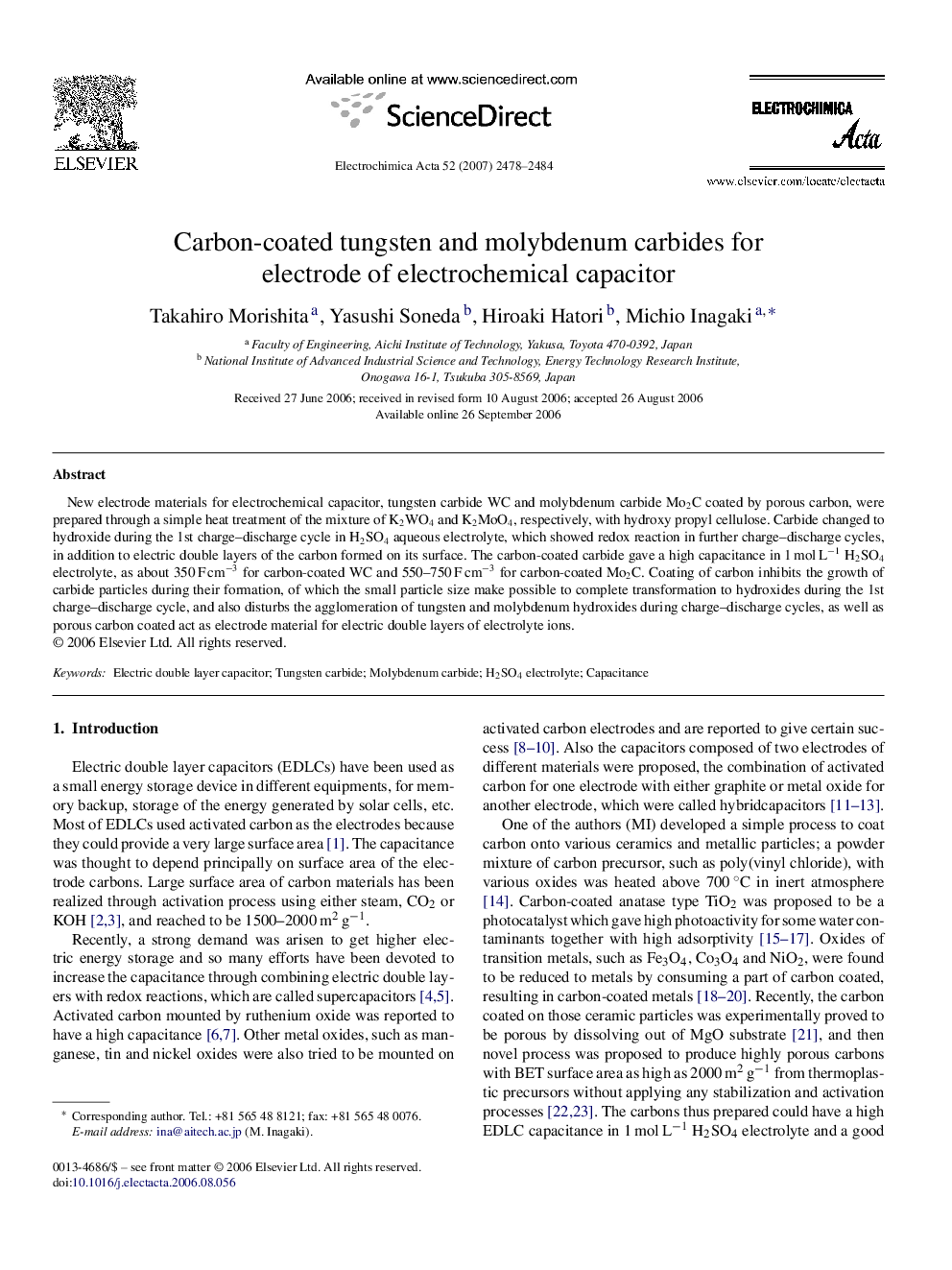 Carbon-coated tungsten and molybdenum carbides for electrode of electrochemical capacitor