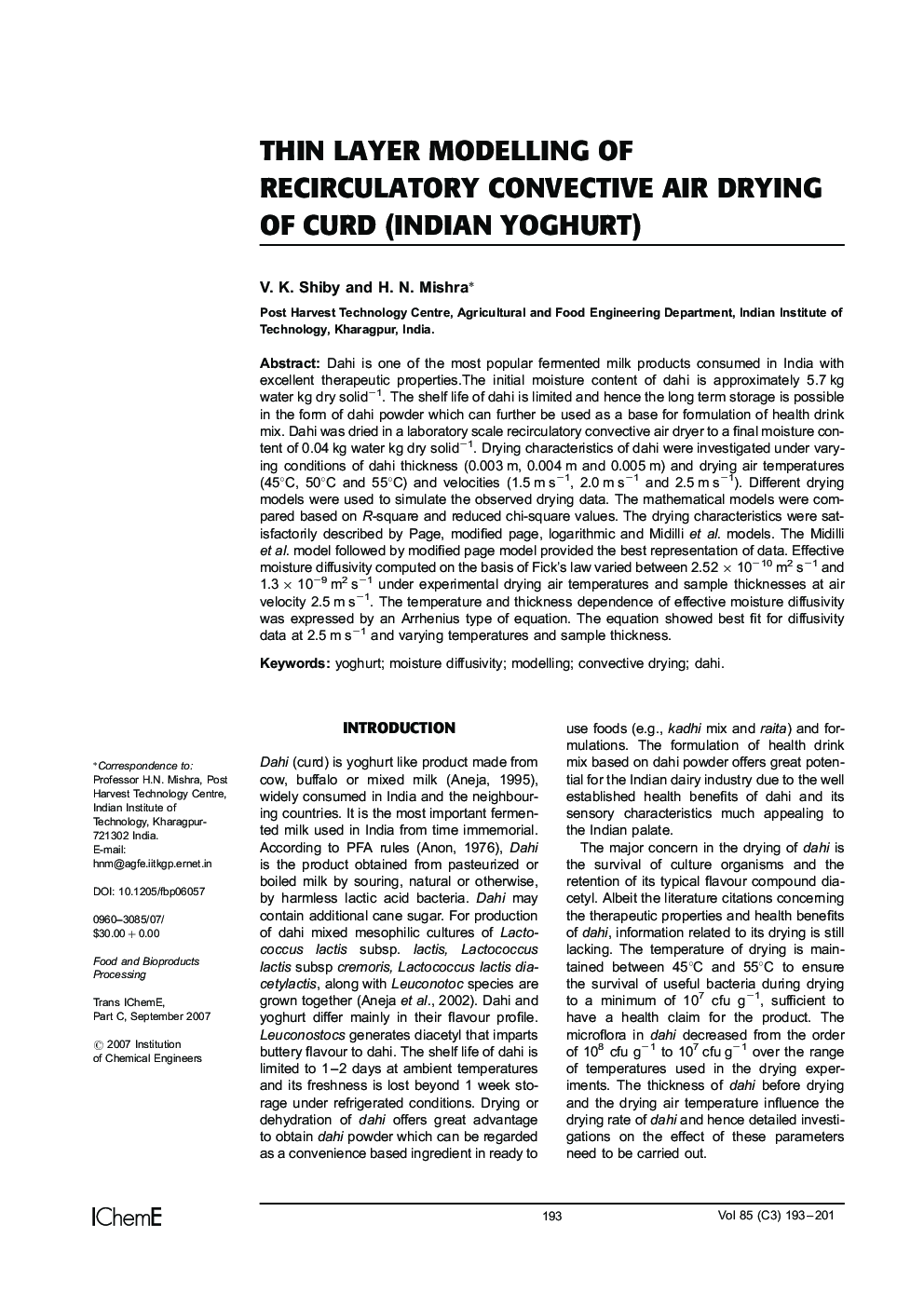 Thin Layer Modelling of Recirculatory Convective Air Drying of Curd (Indian Yoghurt)