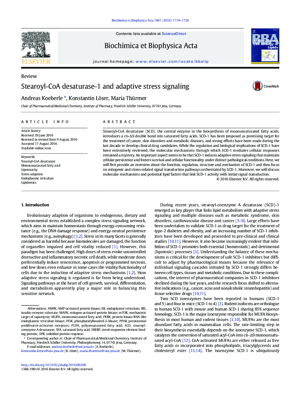 Stearoyl-CoA desaturase-1 and adaptive stress signaling