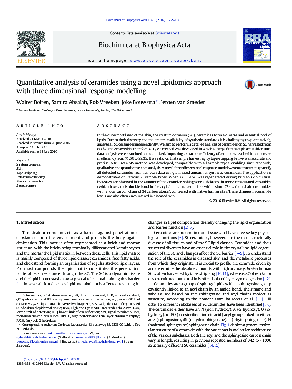 Quantitative analysis of ceramides using a novel lipidomics approach with three dimensional response modelling