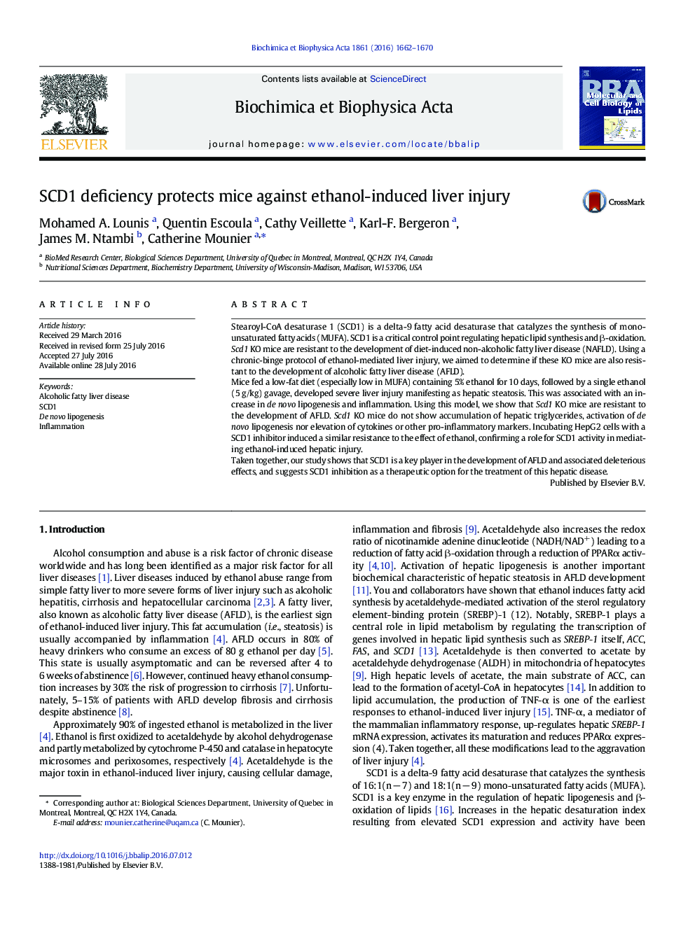 SCD1 deficiency protects mice against ethanol-induced liver injury