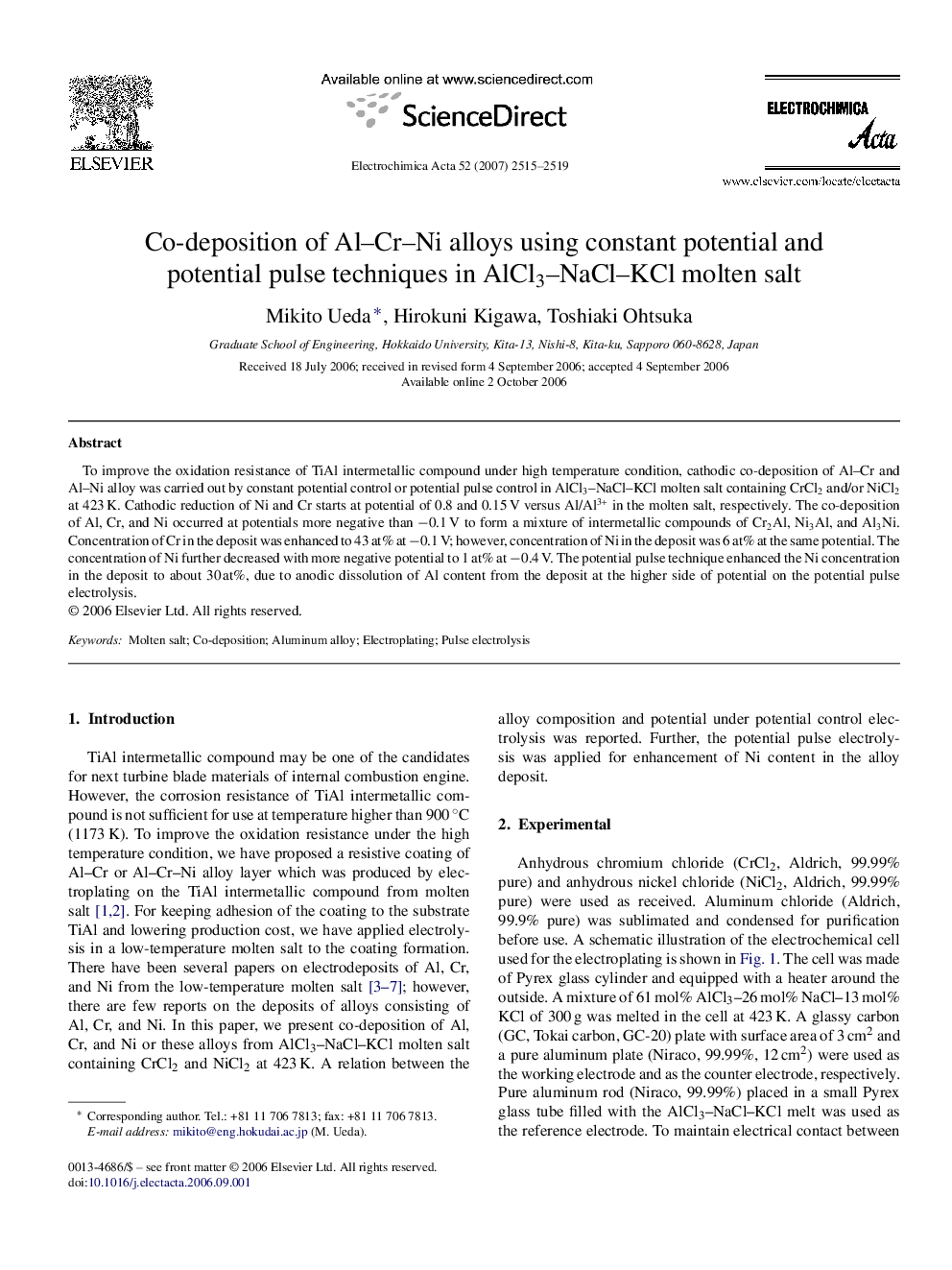 Co-deposition of Al–Cr–Ni alloys using constant potential and potential pulse techniques in AlCl3–NaCl–KCl molten salt