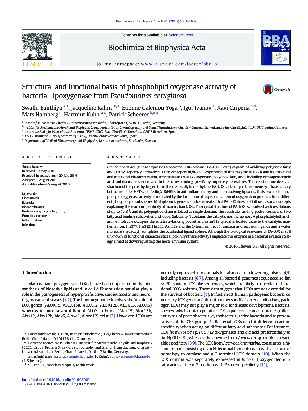 Structural and functional basis of phospholipid oxygenase activity of bacterial lipoxygenase from Pseudomonas aeruginosa