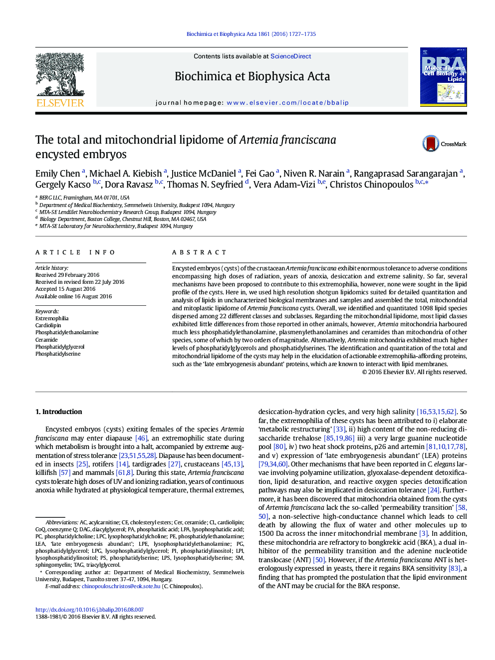 The total and mitochondrial lipidome of Artemia franciscana encysted embryos