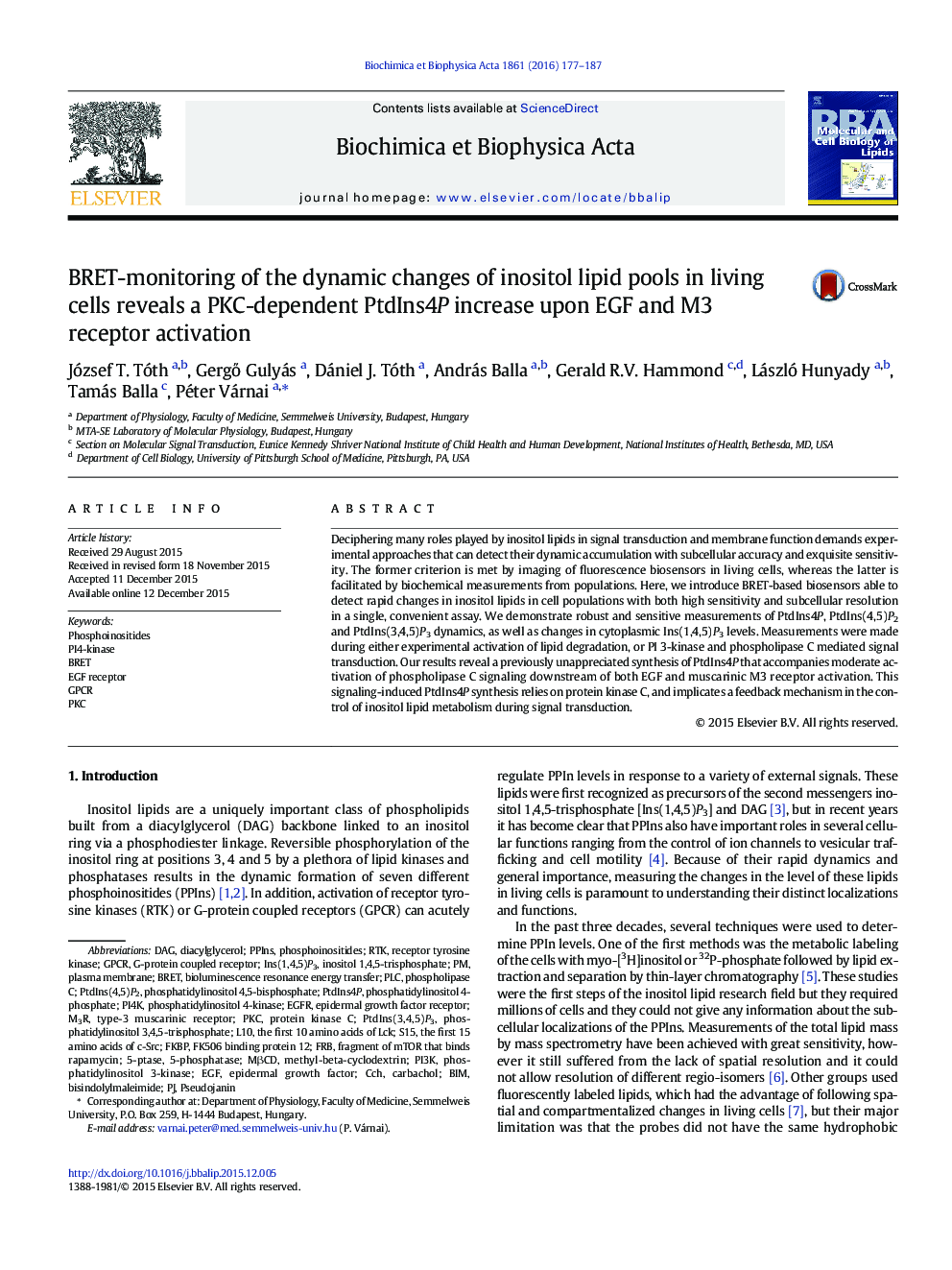 BRET-monitoring of the dynamic changes of inositol lipid pools in living cells reveals a PKC-dependent PtdIns4P increase upon EGF and M3 receptor activation