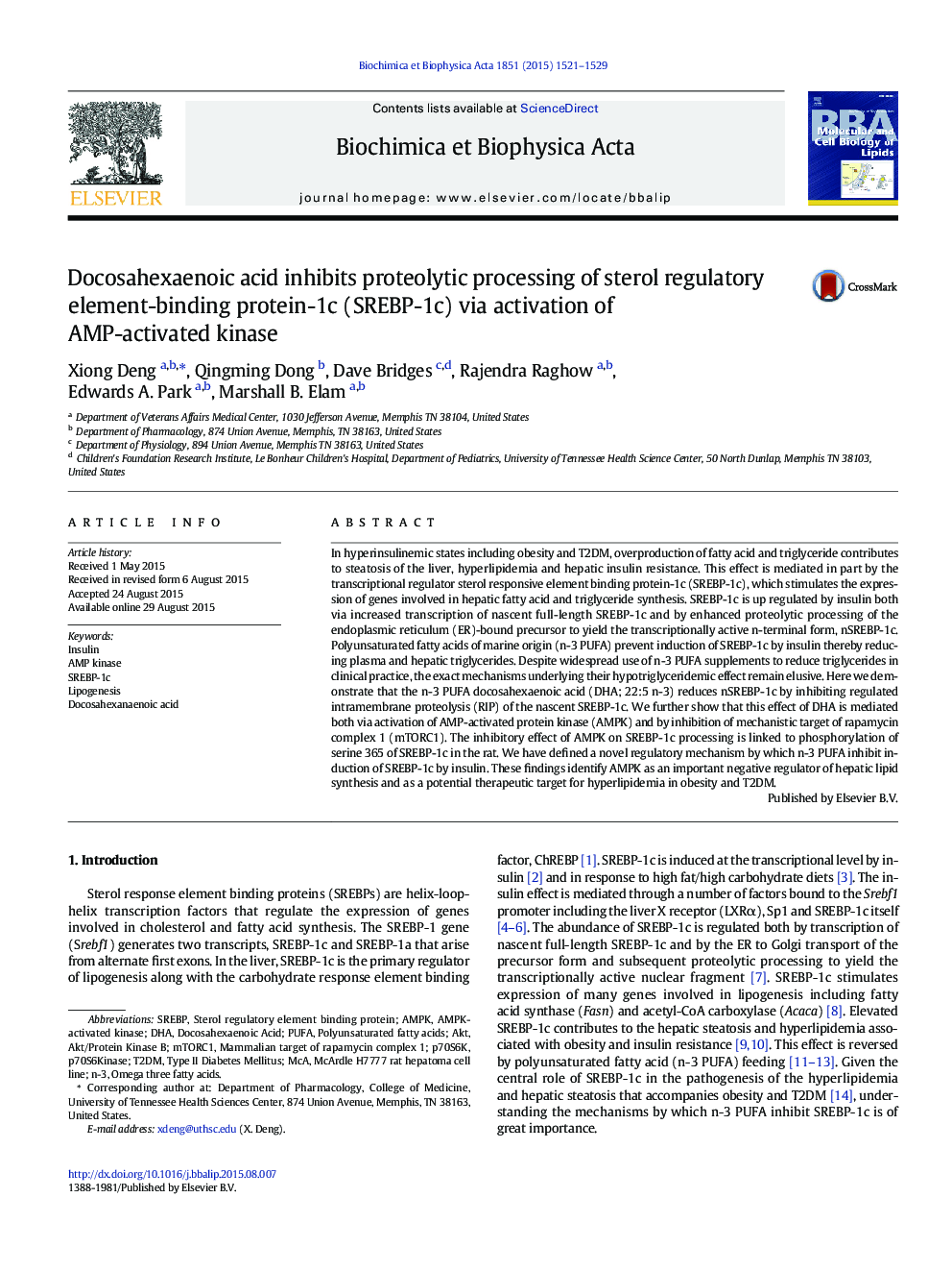 Docosahexaenoic acid inhibits proteolytic processing of sterol regulatory element-binding protein-1c (SREBP-1c) via activation of AMP-activated kinase