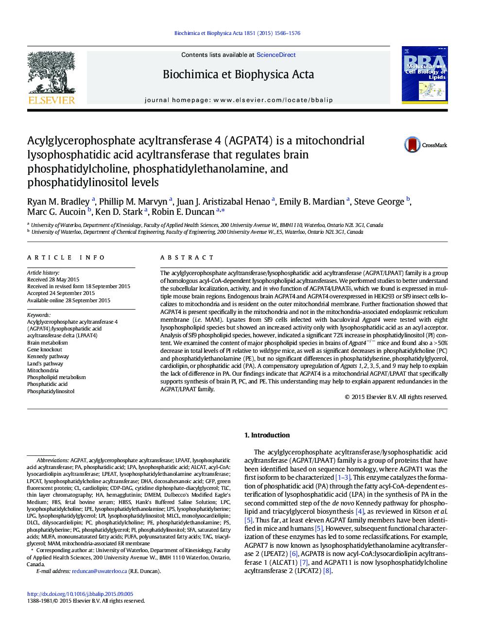 Acylglycerophosphate acyltransferase 4 (AGPAT4) is a mitochondrial lysophosphatidic acid acyltransferase that regulates brain phosphatidylcholine, phosphatidylethanolamine, and phosphatidylinositol levels