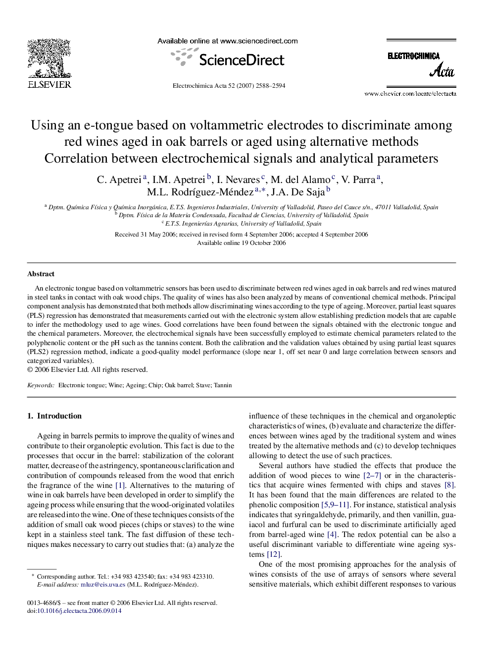 Using an e-tongue based on voltammetric electrodes to discriminate among red wines aged in oak barrels or aged using alternative methods: Correlation between electrochemical signals and analytical parameters